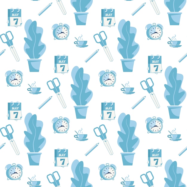 Office Set Objects Flat Vector Seamless Pattern