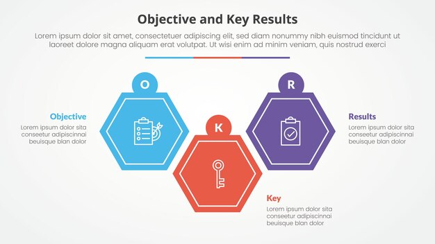 OKR objectives and key results framework infographic concept for slide presentation with hexagon shape up and down with 3 point list with flat style