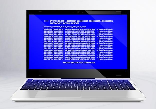 old program windows composition with view of open laptop with set of code lines blue screen vector illustration