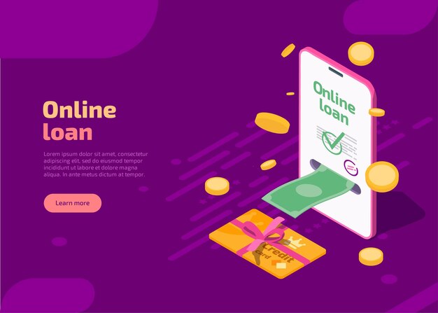 Online loan landing page with phone and cash