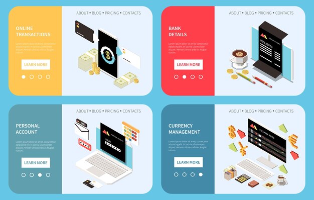 online mobile banking services landing pages with information about bank details personal account currency management online transaction isometric vector illustration