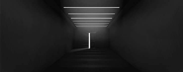 Gratis Vektor open door with light glow in the end of corridor