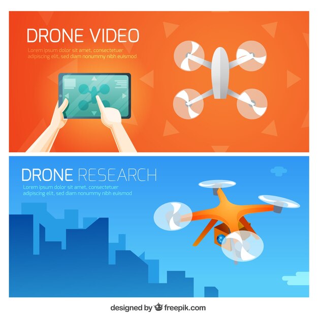 Orange and blue banners with drones