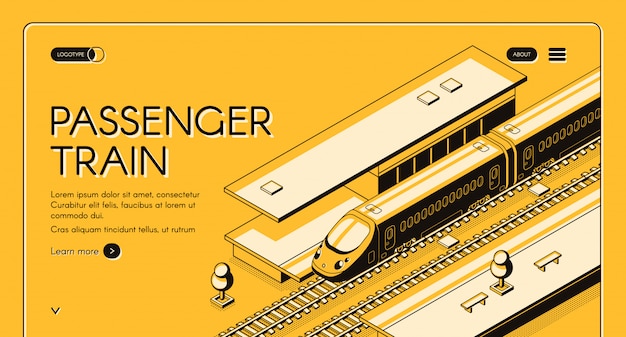 passenger train isometric web banner. high-speed express train on railroad station