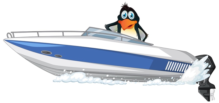 Gratis Vektor penguin on a speed boat in cartoon style