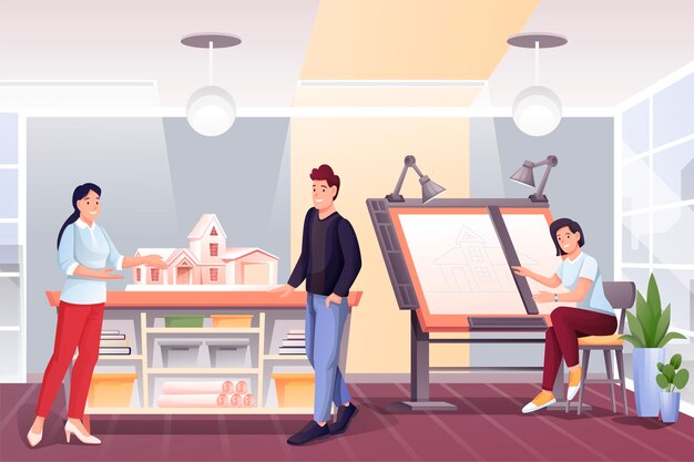 People working in design office business workplace interior Women and man doing creative job in team graphic workstation with lamps house model in room