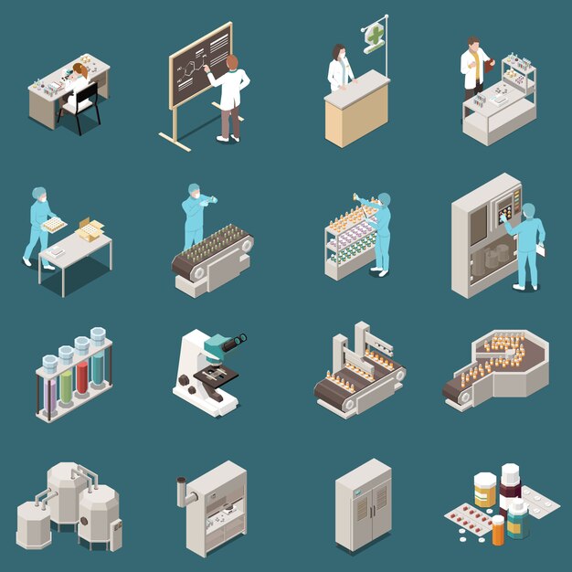 pharmaceutical production isometric icon set with scientist at work and drug manufacturing  illustration