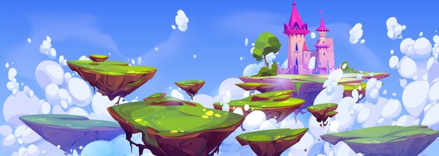 pink royal castle floating on island in sky vector cartoon illustration of magic medieval palace flying on piece of land green grass tree white clouds around game level platforms fantasy kingdom