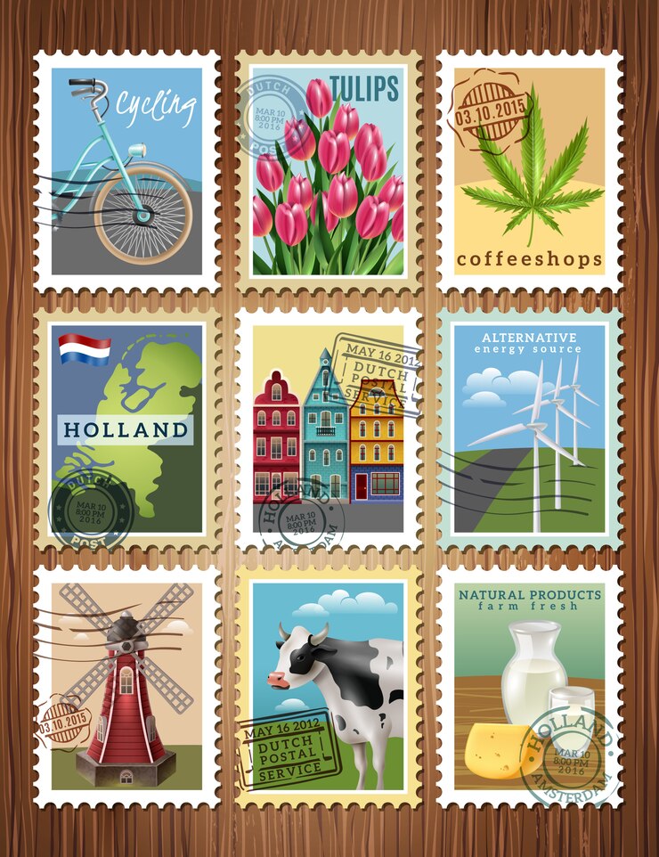 Gratis Vektor plakat med rejsestempel sæt fra holland