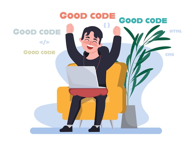 Programmer good coding developer programming with laptop at seat Work from home