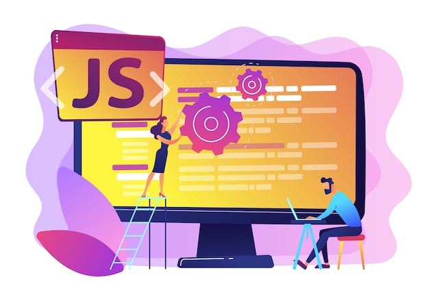 Programmerare som använder JavaScript-programmeringsspråk på dator, små människor. JavaScript-språk, JavaScript-motor, JS webbutvecklingskoncept. Ljus, vibrerande violett isolerad illustration