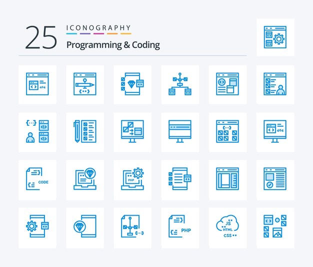 Programming And Coding 25 Blue Color icon pack including develop browser development development computer