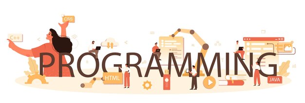 Programming typographic header Building and development process Web page or website development and codding Digital specialist Isolated flat illustration