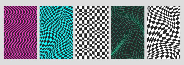 Psychedelic checkerboard vertical posters with seamless pattern with warped grid tile deformed lines