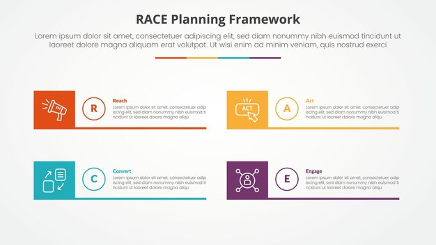 RACE framework infographic concept for slide presentation with creative square box and line bottom with 4 point list with flat style
