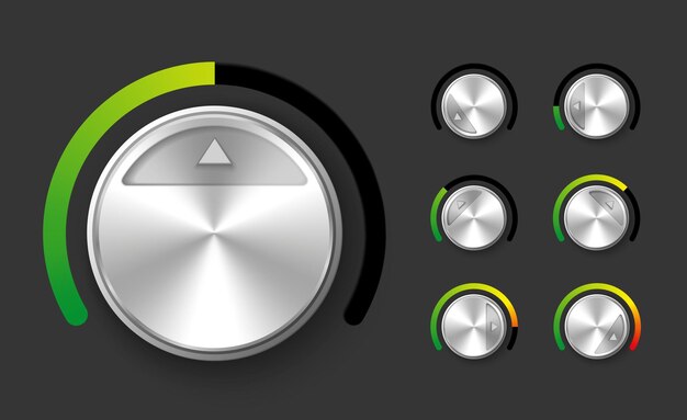 realistic round chrome adjustment dials at different settings isolated on black background vector illustration