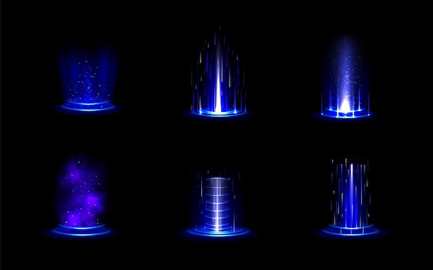 Realistic set of blue light portals on black