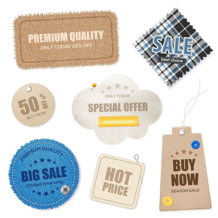 Gratis Vektor realistic textile texture labels set 