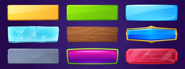 rectangle buttons with golden, wooden and water textures for ui game design. vector cartoon set of glossy labels from ice, stone, red crystal and purple jelly isolated on background
