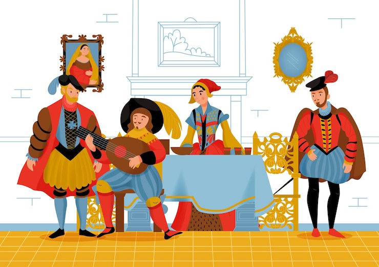 Gratis Vektor renaissance old colored composition people in interior of medieval castle celebrating at the table vector illustration