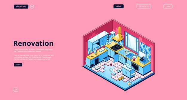 Renovation isometric landing page, home kitchen repair or projection works, interior with building appliances, wallpaper rolls, tiling and furniture.