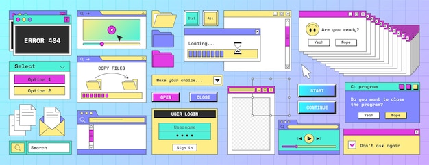 Retro computer screen interface with windows folder file and message frames