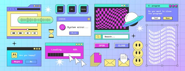 Retro computer screen interface with windows folder popup notification browser and message frames