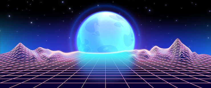 Gratis Vektor retro synthwave bg with grid mountain and moon