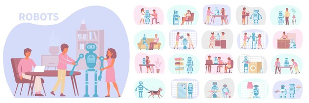 robot set of flat isolated compositions with text human characters and anthropomorphic robot performing various tasks vector illustration