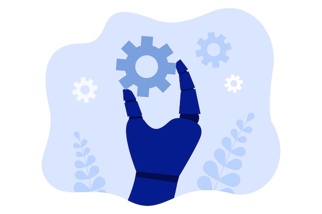 Robotic hand holding gear. Hand of robot or machine cogwheel flat vector illustration. Technology, automation, artificial intelligence concept for banner, website design or landing web page