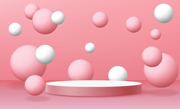Round podium with balls on pink background