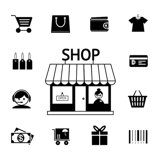 Sæt af vektor-shopping-ikoner i sort og hvid med en vogn, trolley, tegnebog, bankkort, butik, butik, penge, gave, levering og stregkode, der skildrer konsumerisme og detailhandel