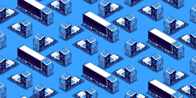 Seamless pattern with isometric trucks on blue
