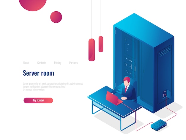 Server room, networking isometric icon, landing page of system administrator, database cloud storage