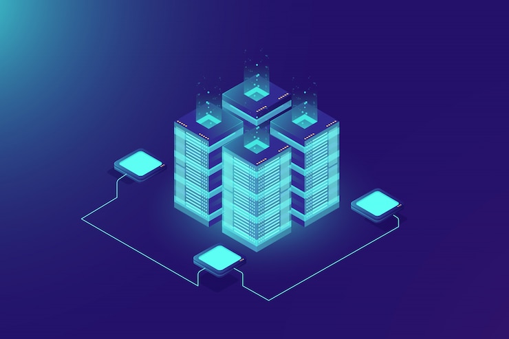 Gratis Vektor server room rack, blockchain technology, token api access, data center
