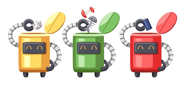 Set of android character robot cleaning cartoon style futuristic machine for home use.  isolated futuristic cybernetic objects technology isolated  illustration.