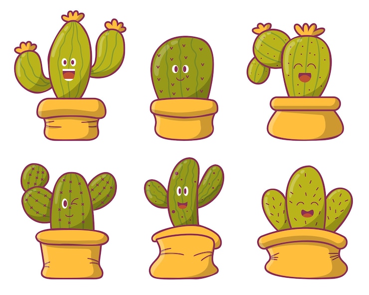 Gratis Vektor set of cute cactus in pot with verious shape and emotion drawing in cartoon style isolated on white background vector illustration