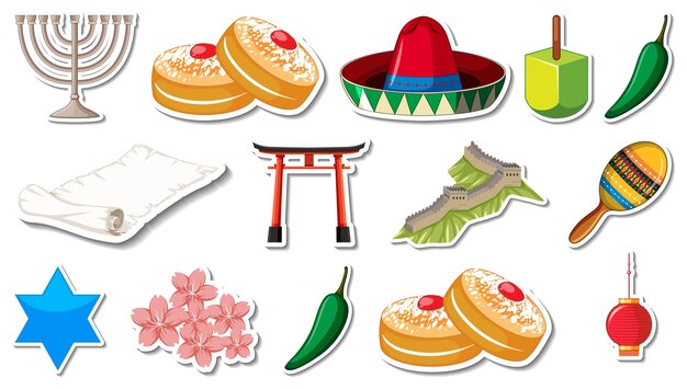 set of different traditional objects