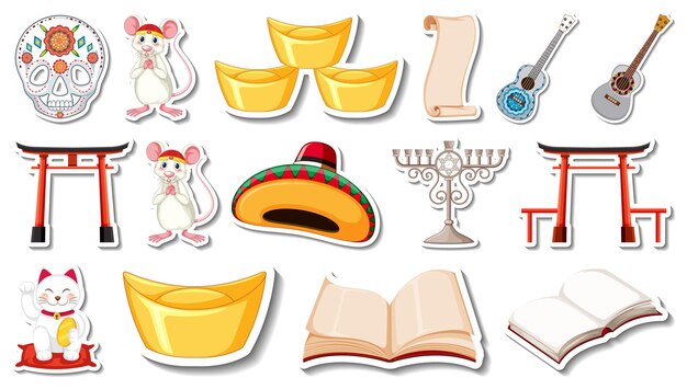 set of different traditional objects
