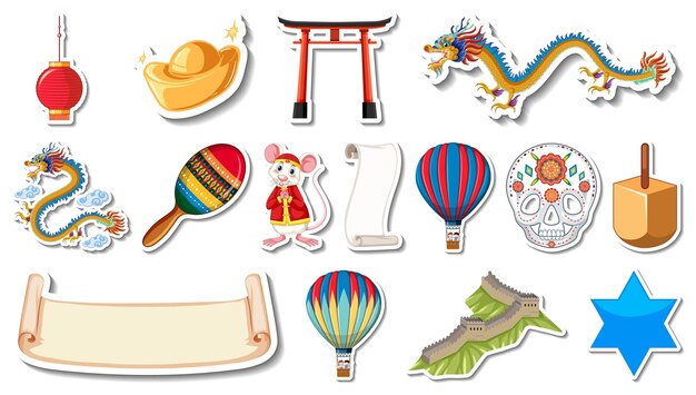 set of different traditional objects