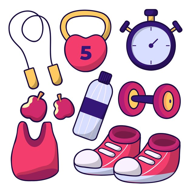 Set of gym equipment Collection of sport training apparatus dumbbells jump rope aerobic ball Vector illustration