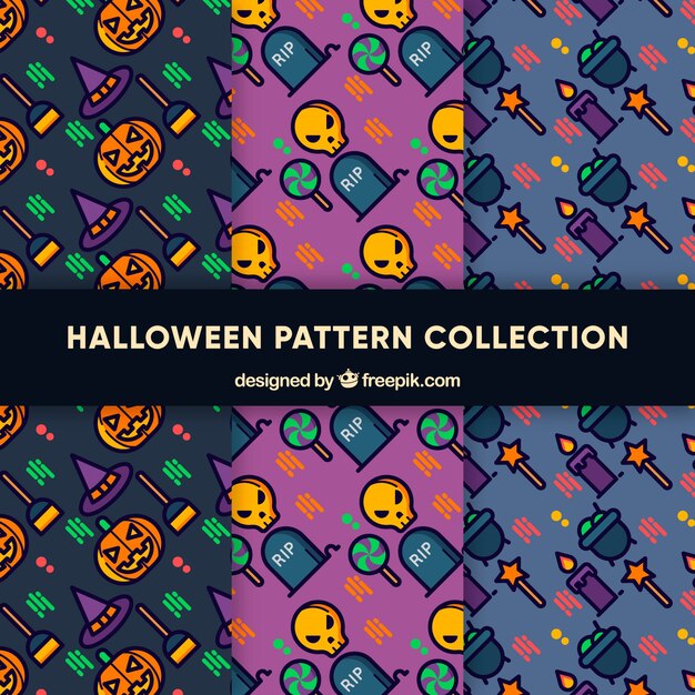 Set of halloween patterns in linear style