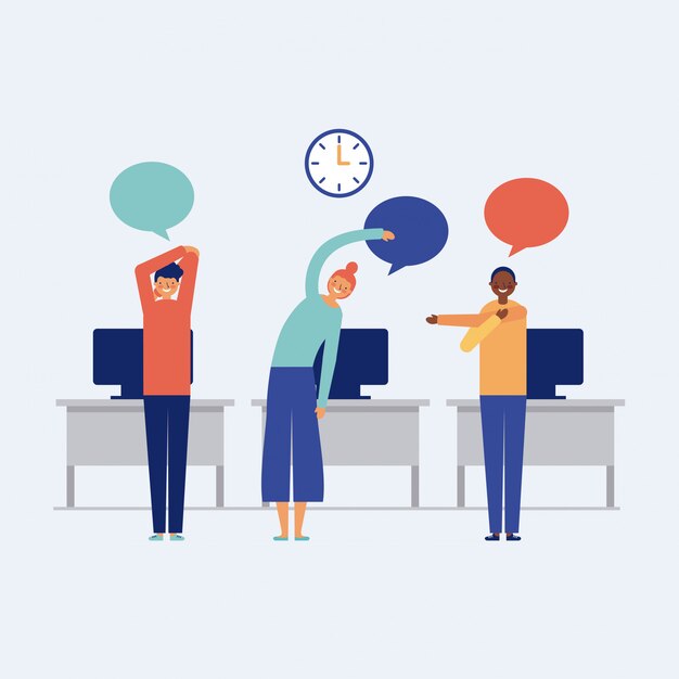 set of people working in office and doing active breaks