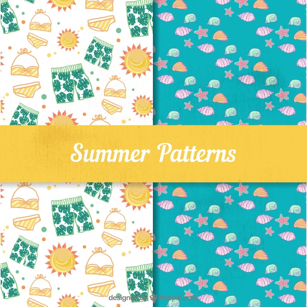 Set of summer patterns with swimsuit and shells