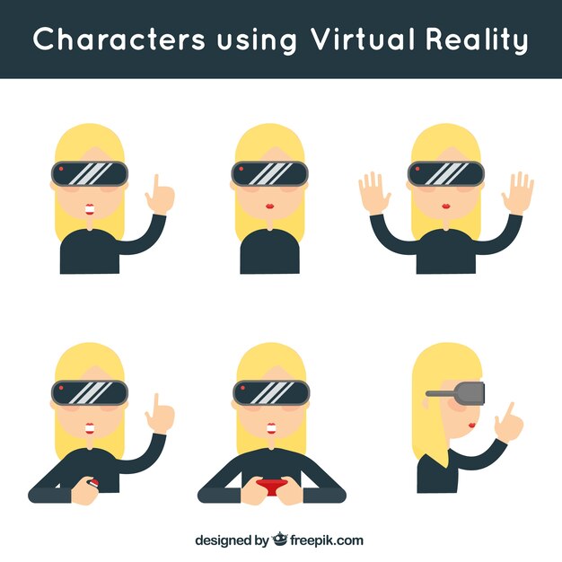 set of woman playing with virtual reality glasses in flat design