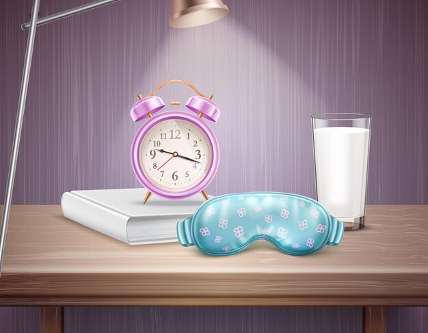 Sleep accessories alarm clock book and glass of milk on bedside table realistic composition