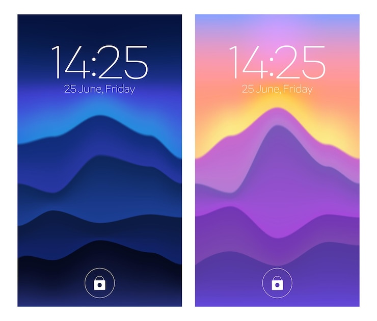 Gratis Vektor smartphone lock screens mobile phone onboard pages with gradient wallpaper date week day and time abstract background for digital device ui application template user interface design mockup