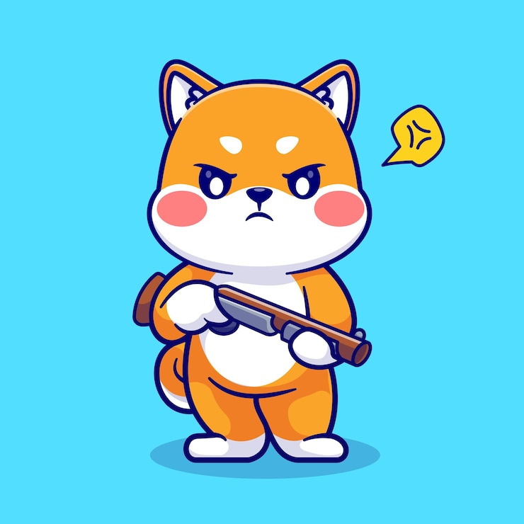 Gratis Vektor sød shiba inu hund, der holder pistol, tegneserie, vektor, ikon, illustration. isoleret dyre-modeikon