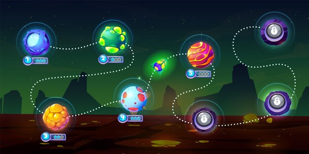 Space game ui level map with imaginary alien planets on way to finish line and player rocket Cartoon vector illustration of gaming dotted route with steps marked with mysterious cosmic orbs