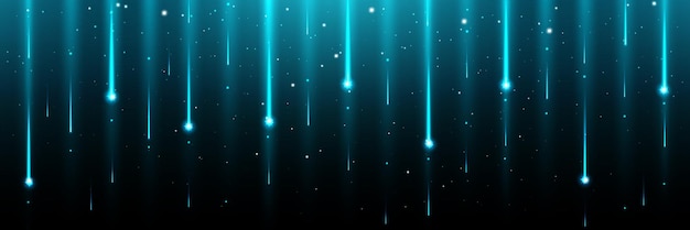 star shower shining comet rain horizontal border with blue path falling down meteorite with bokeh effect shiny glowing stellar or firework glitter particles on dark background realistic vector